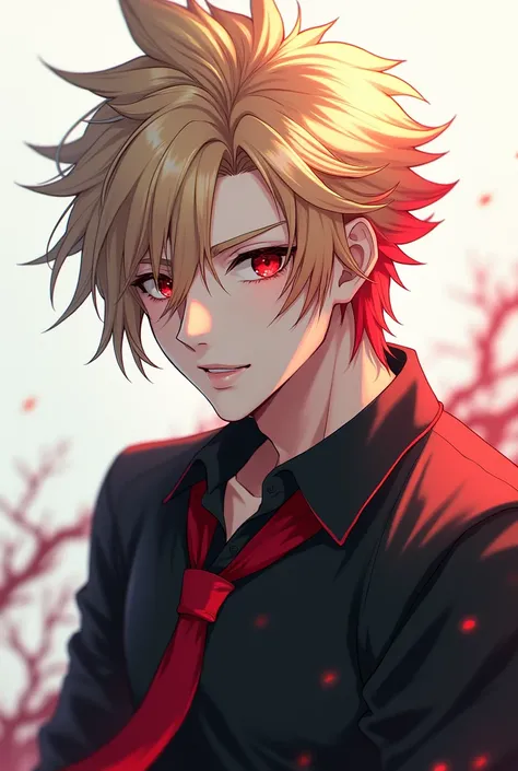 Anime  guy  from final fantasy  with kinky hair color blonde and red contact lens wearing a red necktie in black polo shirt