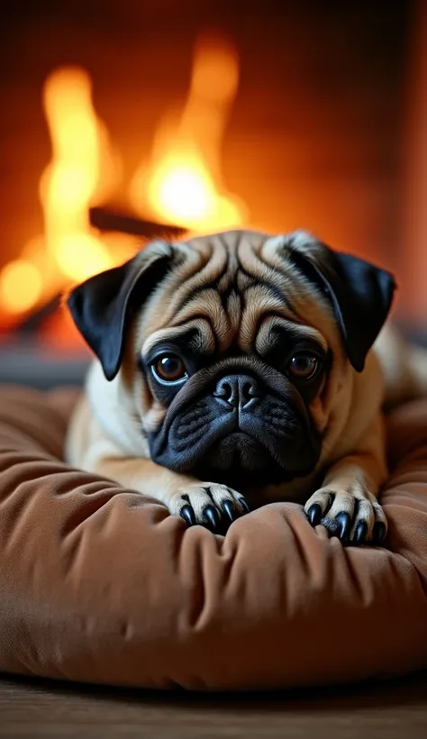 A Pug resting on a cozy velvet cushion in front of a roaring fireplace. The warmth of the flames highlights the intricate folds and wrinkles of its skin, and its glossy eyes reflect the flickering firelight. The scene is rich in textures, from the pug’s sh...