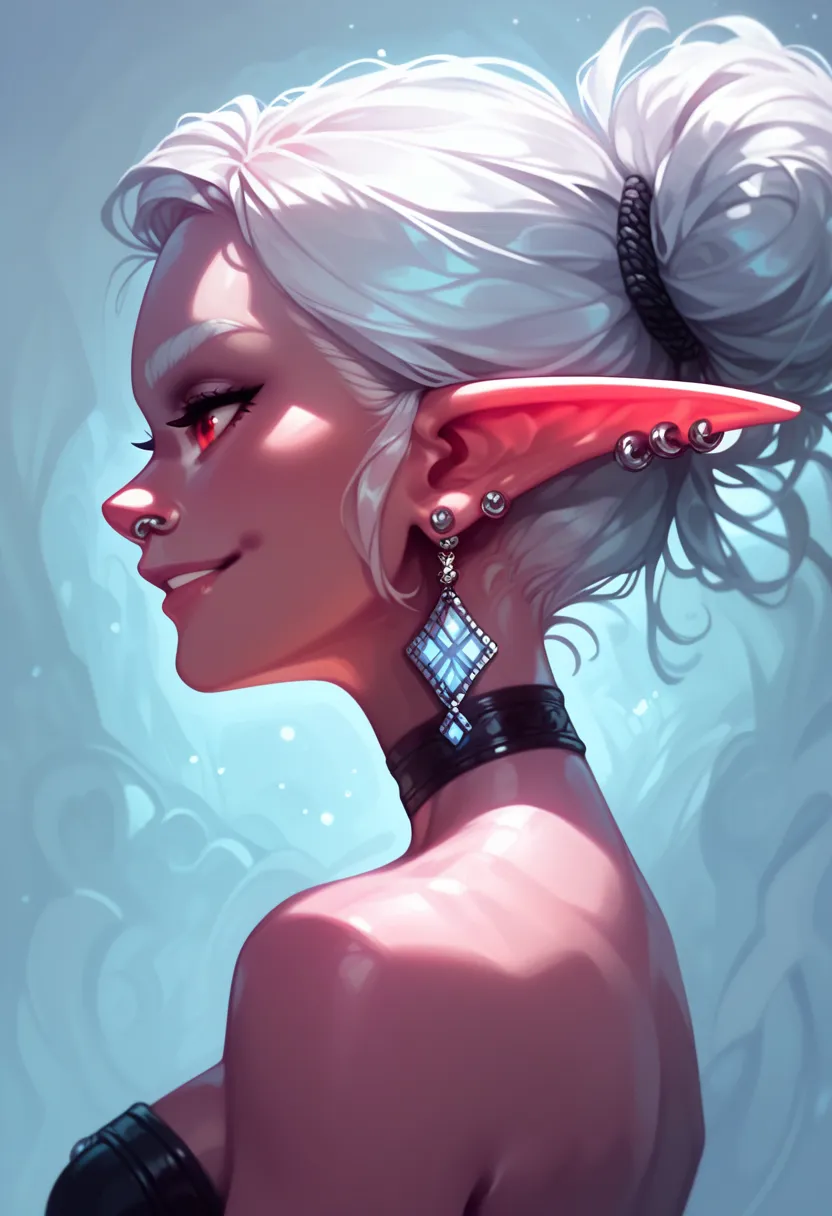 score_9, score_8_up, score_7_up, 1girl, solo, drow,white hair, female, pointy ears, solo, calm slightly smile, elf, red eyes, lo...