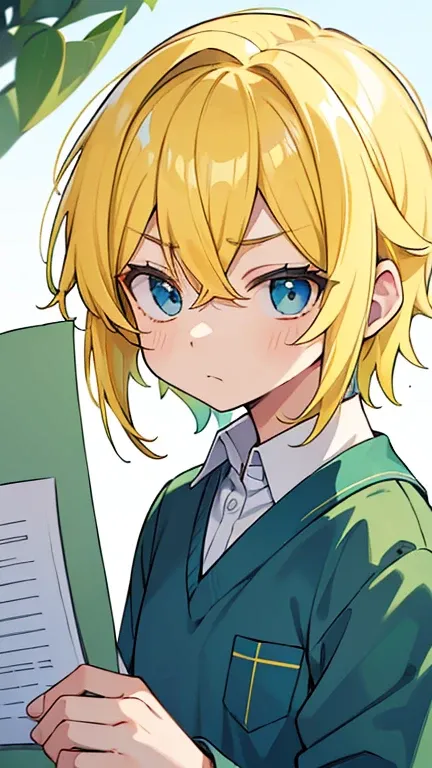 (( A man with yellow hair and blue eyes)),(( Im wearing green college clothes )),((Im holding colored paper )),bangs, hair between eyes, depressed expression