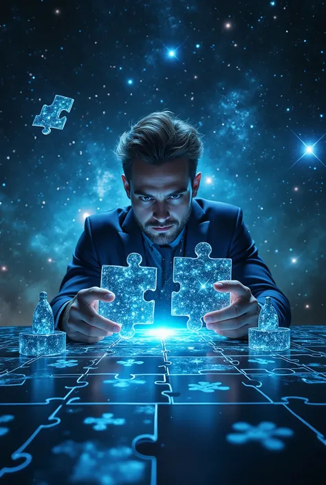 a man wearing a suit with exoskeleton flying in the galactic sky playing a giant jigsaw puzzle in hologram and its neatly arranged fit to each other, 11 piece of jugsaw puzzle, (front view:1.3), (close up:1.2), galaxy, holographic, fantasy, sci-fi, cinemat...
