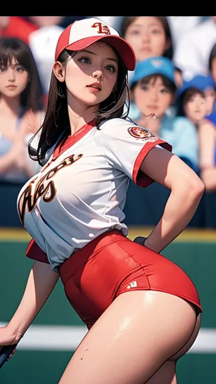 A very beautiful woman wearing a WBC .japanのユニフォームを着たとても beautiful woman,Hitting at Giants Stadium、 bat( Very Beautiful Face Details ), ( best quality:1.4), 8k resolution,  high definition , 1 Female,  beautiful woman, The ultimate beauty,  Super beautiful...