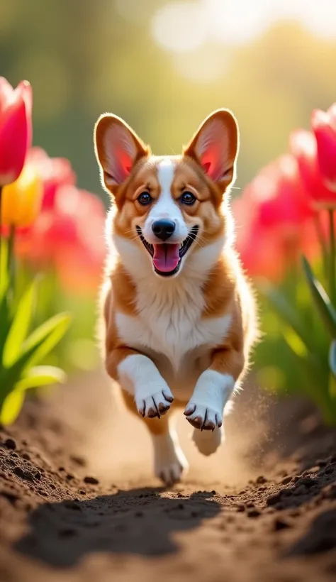 A Corgi joyfully running through a field of vibrant tulips, its short legs kicking up soft dirt as it sprints. The cinematic focus captures the blur of colorful tulip petals in the foreground, while the Corgi’s fluffy coat and cheerful expression remain ra...