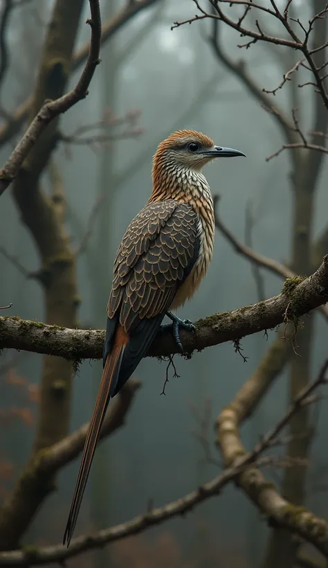 A bird with intricate, bark-like feathers blending seamlessly with the surrounding branches, creating a perfect camouflage. The bird has a long tail, a sharp beak, and detailed, textured plumage that resembles tree bark. It is perched on a twisted, gnarled...