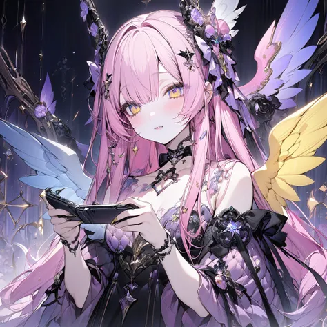 , playing mobile game々）, innocent girl, star shaped choker, (masterpiece, highest quality), official art, beautiful and aesthetic: 1.2), (1 girl), very detailed, (dark Fantasy art: 1.3), blue yellow colorful、pink long hair、bunny ear、 half body, angel wings...