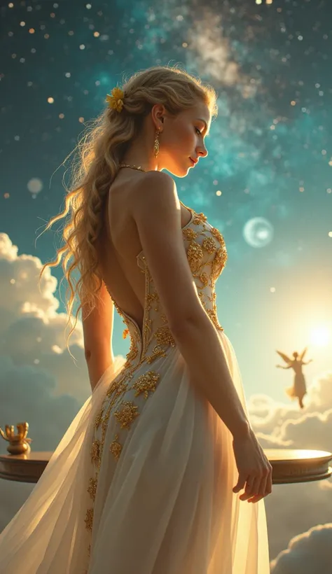 "Mysterious scene, low angle shot of the main character is a very so sexy and so beautiful woman with golden braids decorated with flowers, large breasts, beautiful round buttocks, wearing a shiny white dress with intricate golden flower patterns. The back...