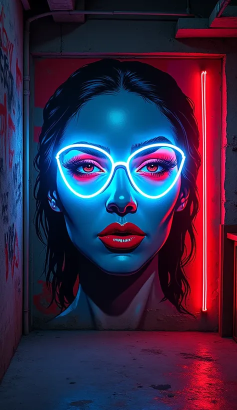 Graffiti on the wall, a womans face, the outline of the eyes and mouth surrounded by neon, the outline of the eyes with blue neon, the outline of the mouth with red color, imersive background of a large bar hall, realistic, 