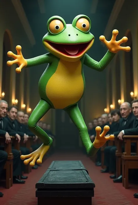 Show me a giant frog puppet at the funeral dancing