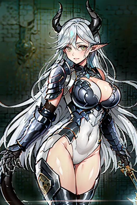 yellow eyes, armor, leotard, shoulder armor, cleavage cutout, leotard, breastplate, gauntlet, thig high boots, detachable collar, large breasts, cleavage, long hair, white hair, yellow eyes, beautiful, horn on side head, masterpiece, masterwork, super fine...