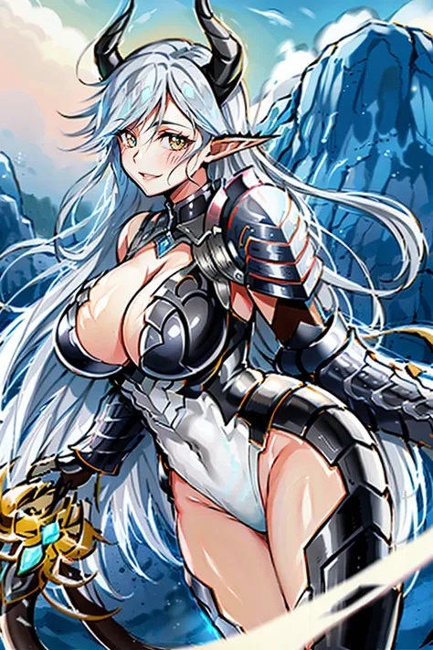 yellow eyes, armor, leotard, shoulder armor, cleavage cutout, leotard, breastplate, gauntlet, thig high boots, detachable collar, large breasts, cleavage, long hair, white hair, yellow eyes, beautiful, horn on side head, masterpiece, masterwork, super fine...