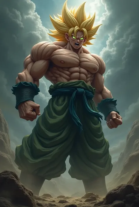 Broly from dragon ball super in his berserk form looking buuf very muscular. Ultra realistic 