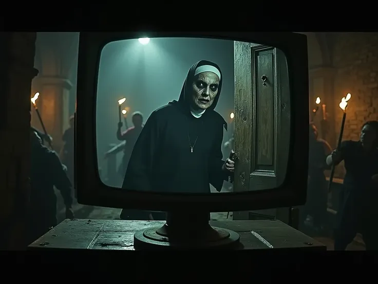 "A cinematic first-person perspective of a monitor screen displaying a terrifying scene. Inside the screen, a demonic nun with a cracked, veiny face and glowing black eyes is seen inside a dimly lit gothic church. The nun is desperately holding a large woo...