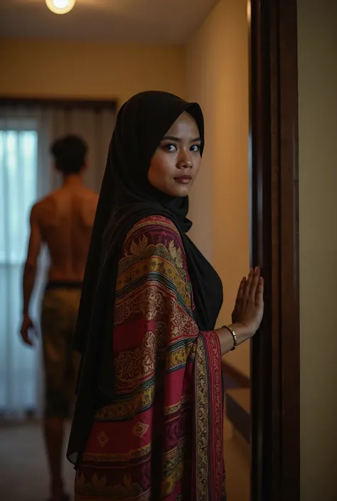 a young medium curvy Malay lady, about to enter a hotel room. the lady is glancing back at the viewer for "consent" / assurance. the lady is wearing dark brown see-through hijab, and a traditional kain batik (a colorful and intricate patterned cloth), wrap...