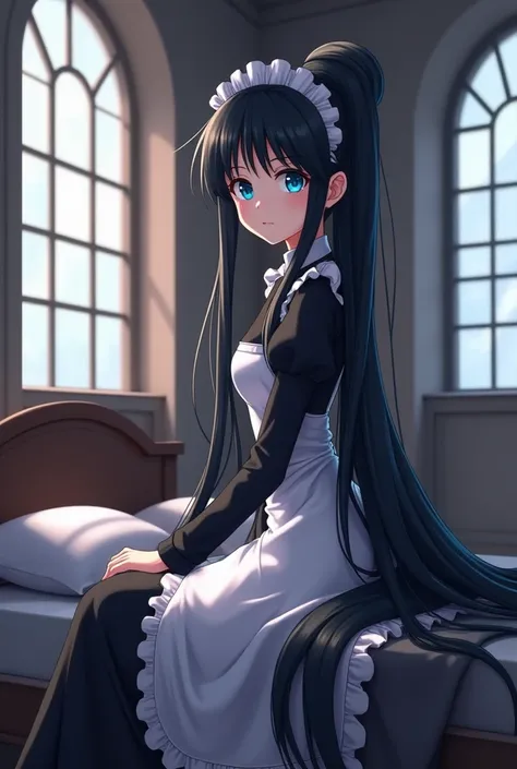 anime girl with super long black hair in bed room with stained windows, full body, 50 meters long hair, thick hair, long hair is flowing down to the ground like a waterfall at her feet,  which just keeps growing ever so slightly, touching the floor, super ...