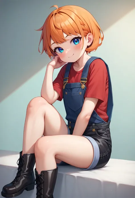 1 girl, solo, blush, viewer, short hair, loli, bangs, shirt, original, blue eyes, sitting, full body, short sleeves, red shirt, boots, orange hair, shorts, suspenders, black Overalls, Footwear, Black Shorts, Black Suspender Shorts, Elpeo Ple, Official, Smi...