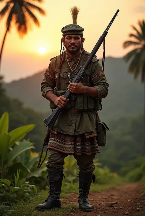 A warrior,  representative of the Moros National Liberation Front , stands in a tropical clearing ,  armed with traditional blade weapons and modern equipment .  In the background you can see palm-fringed hills and a rising dawn,  which symbolizes a mixtur...