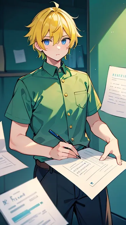 (( A man with yellow hair and blue eyes)),(( Im wearing green college clothes )),((Im holding colored paper )),bangs, hair between eyes,Expressionless