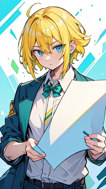 (( A man with yellow hair and blue eyes)),(( Im wearing green college clothes )),((Im holding colored paper )),bangs, hair between eyes,Expressionless