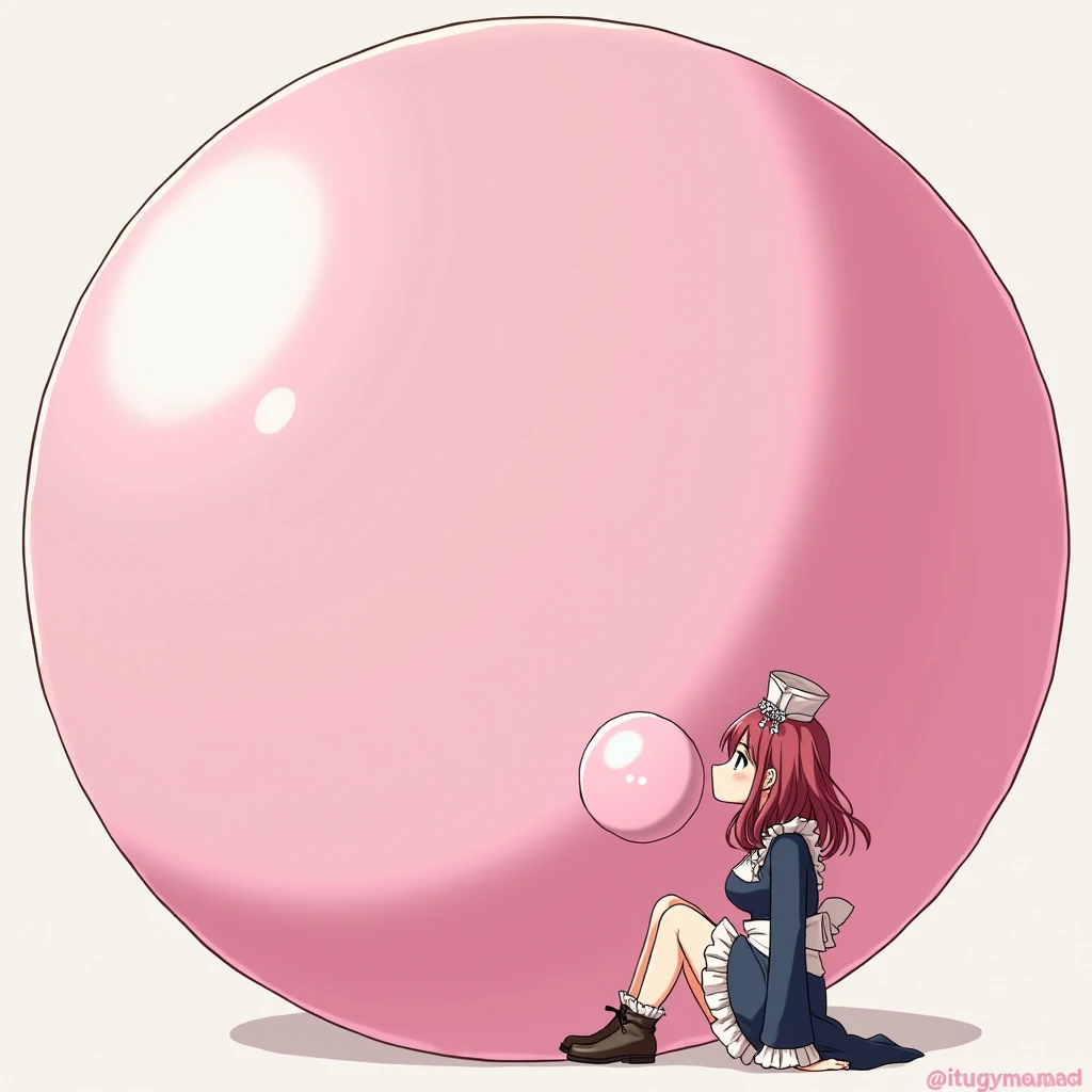 A shy hot maid normal anime girl blowing a gigantic bubble gum 1girl, Blush, High Resolution, Best Quality, Hair, Blush, Smile,she blowing the biggest bubble gum ever,she dont hold the huge pink bubble gum 
While facing in the ,while sitting down while not...