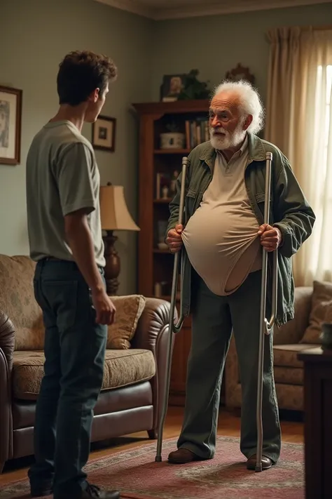 An old man with crutches showing a young man his big panties in the living room of his house on the site