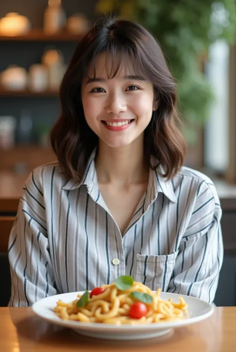 araffe woman sitting at a table with a plate of food, jaeyeon nam, jinyoung shin, heonhwa choe, korean girl, profile pic, bae suzy, ulzzang, tzuyu from twice, wearing stripe shirt, lee ji-eun, lee ji - eun, profile image, park ji-min, colourful, korean wom...