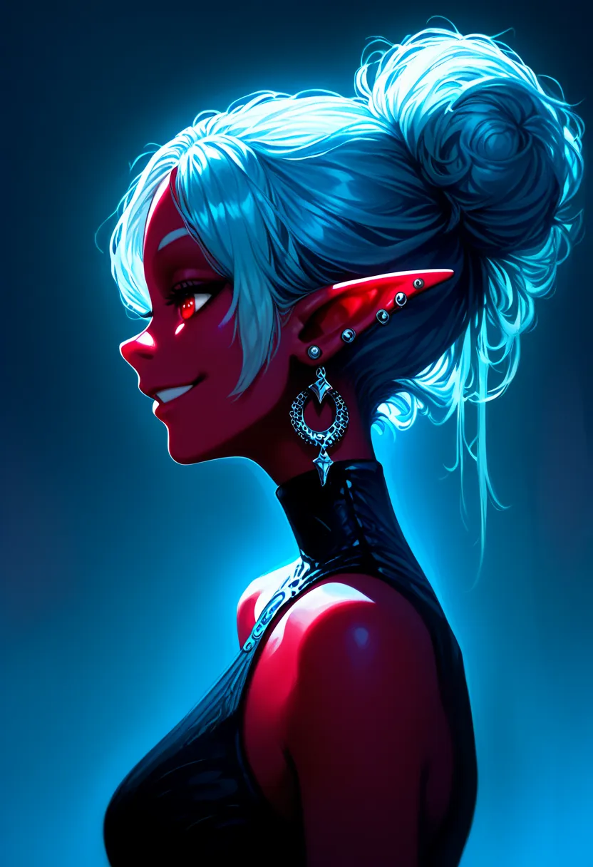 score_9, score_8_up, score_7_up, 1girl, solo, drow,white hair, female, pointy ears, solo, calm slightly smile, elf, red eyes, lo...