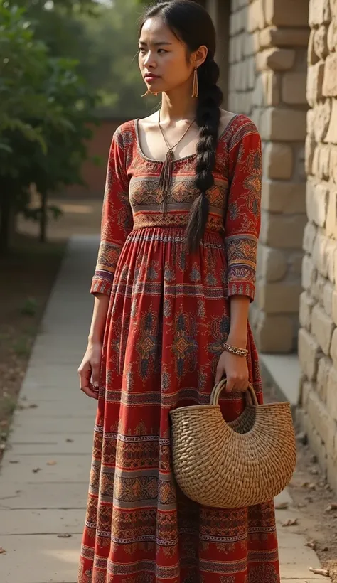 A 37-year-old in a long dress with cultural patterns, holding a handmade basket.