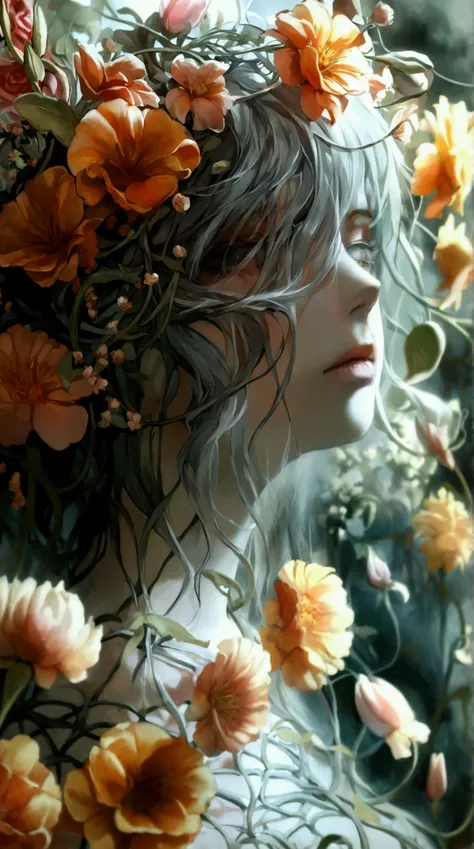 surrounded by flowers, entangled flowers, decadent, ephemeral, obsolete, curse, haze, gray hair, obsolete, gothic