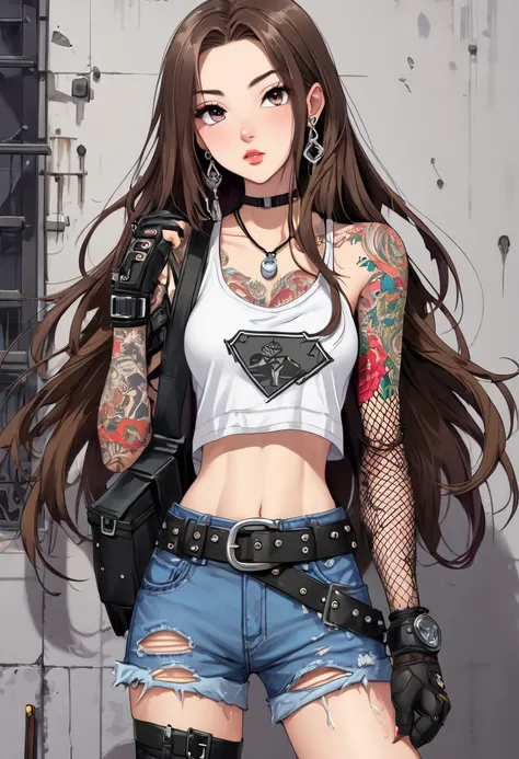 score_9_up (perfect anatomy:1.3) 1girl 18yo
She has caucasian features
((long hair))
(Many earrings)(many bracelet)(many necklaces)
(many cartoonish tattoos) ((hand on own chest))
((tattoos on visible skin, detailed tattoos on arms, neck, and stomach))
((n...