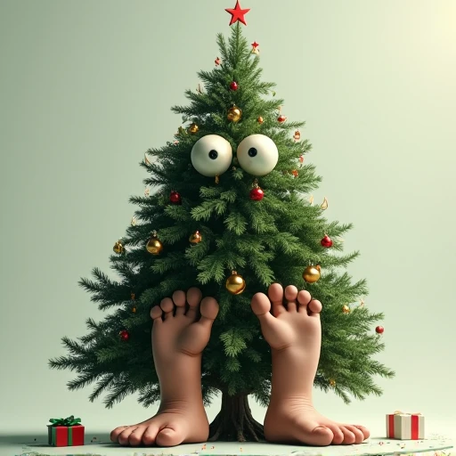 Generate an image of a Christmas tree with HUGE HUMAN FEET and a big face with huge eyes looking right into the camera. The feet should take up half of the image