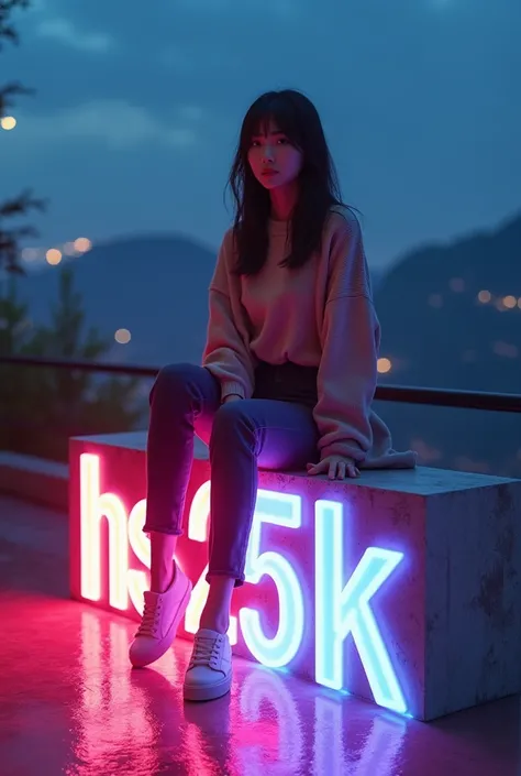 a beautiful Asian girl aged 20 wearing cool sweater and long pant sitting on a 3d text neon block that says "HSC_25K". background view from the hill at night