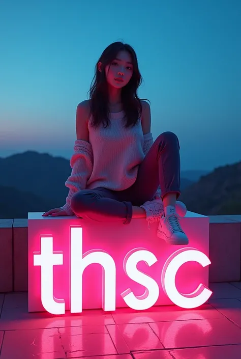 a beautiful Asian girl aged 20 wearing cool sweater and long pant sitting on a 3d text neon block that says "HSC_25K". background view from the hill at night