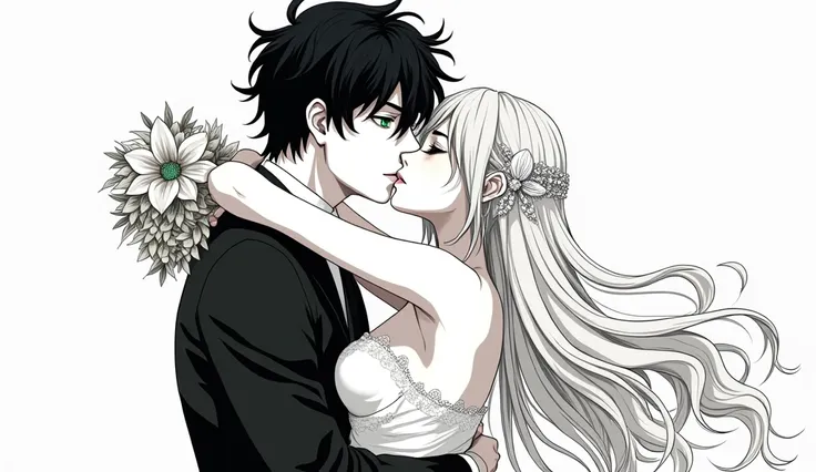  I would like .. black and white manga... is an adult man ... of scattered black hair  .with a roll . scattered verdagua eye ./ high..  attractive sexy boy ..  age 26 years .. ..  with a hot thicc girl with big chests very long blonde hair./.green eye .age...