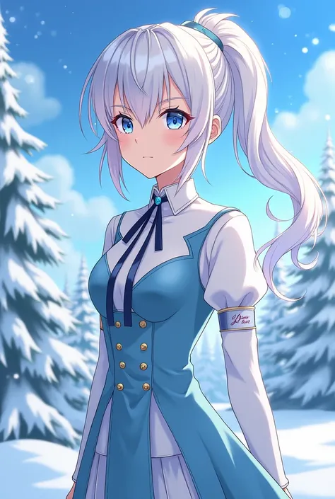 Japanese style anime, noble teenager, with blue as a glacial eyes, and white ponytail hair, wearing a party dressl clothes, in a winter scenary  Full body