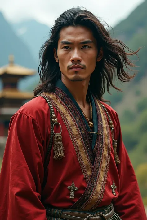 A handsome guy with long hair in bhutanese costume 