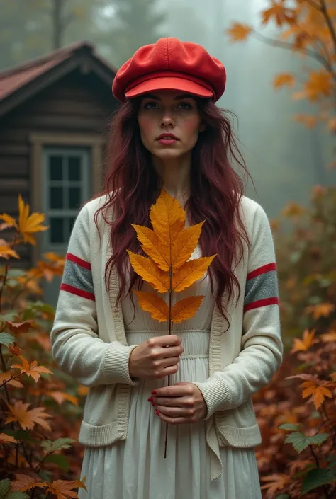 A young Cypriot woman with messy long burgundy hair, wear bright red newsboy cap, and white granny vintage dress and white Cardigan with grey strip. Standing on the thick foggy forest, the wooden cabin far behind her. And her face hidden behind the autumn ...