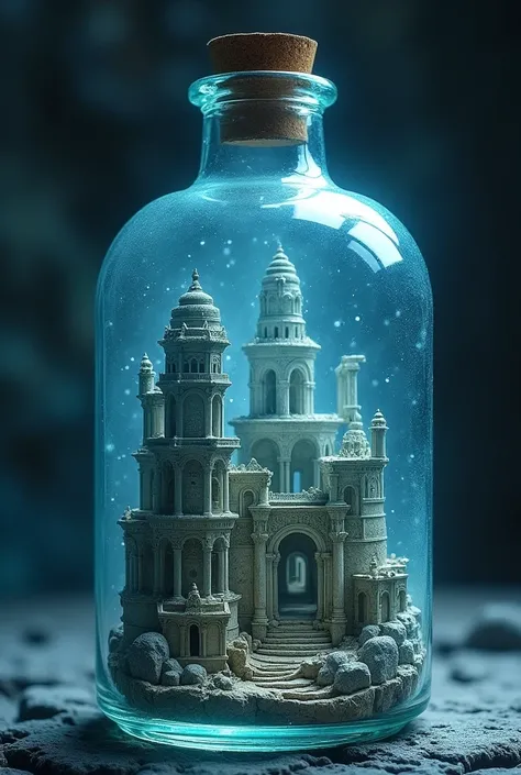 an ancient city ruins inside a bottle,simple design,detailed architecture,atmospheric lighting,fantasy art,high resolution,intricate structures,blue tones,glass texture