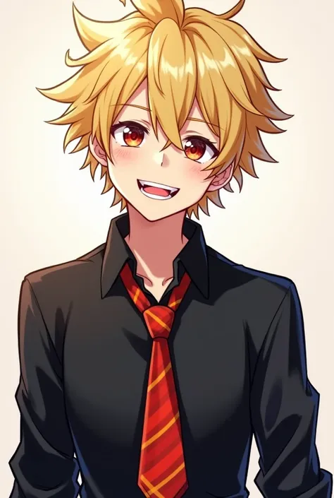 Anime guy with kinky blonde hair and red eyes wearing redneck tie and black long sleeve polo and smiling