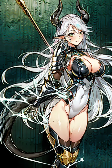 yellow eyes, armor, leotard, shoulder armor, cleavage cutout, leotard, breastplate, gauntlet, thig high boots, detachable collar, large breasts, cleavage, long hair, white hair, yellow eyes, beautiful, horn on side head, masterpiece, masterwork, super fine...