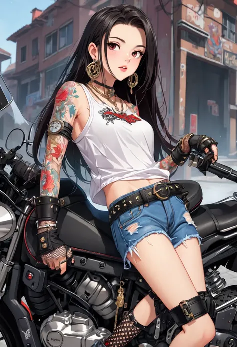 score_9_up (perfect anatomy:1.3) 1girl 18yo
She has caucasian features
((long hair))
(Many earrings)(many bracelet)(many necklaces)
(many cartoonish tattoos) ((hand on own chest))
((tattoos on visible skin, detailed tattoos on arms, neck, and stomach))
((n...