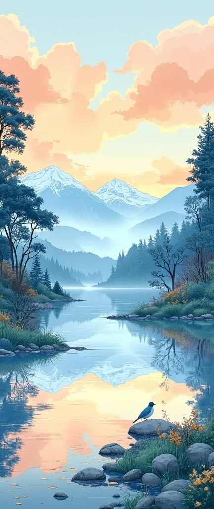 (masterpiece:1.2,Outstanding quality,Mirror finish, Best Illustration ),8k,16k,wallpaper,(Quiet Lake),(morning haze),(Quiet Lake畔の森の影),(A cuckoo is croaking ),(Watercolor),( Dynamic ),( beautiful gradation),(Tranquility VFX )