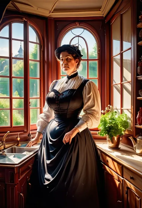 Full body shot of A voluptuous buxom mature Victorian widow standing in front of a window in her kitchen, by Jean Béraud, inspired by Jean Béraud, inspired by Édouard Detaille, edouard leon cortes, inspired by Ivan Kramskoi, inspired by Jean-Louis-Ernest M...