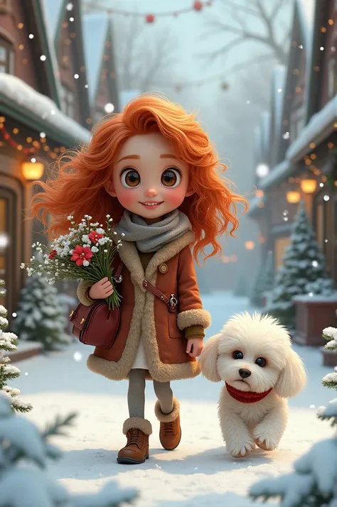 Une fillette avec des longs cheveux roux ondulés et des grands yeux roux est dans la ville de Noël enneigé elle se promène avec un beau bouquet de fleurs et un sac à main son bichon blanc a coté d’elle 