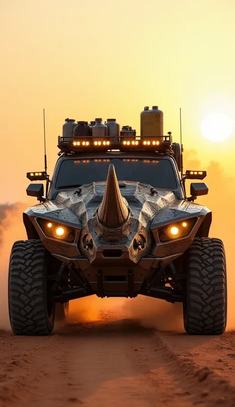 "A powerful and visually striking hybrid design that fuses the essence of a rhinoceros with a rugged off-road vehicle. The front of the vehicle is shaped like the armored head of a rhinoceros, complete with a sharp, metallic horn that juts out from the hoo...