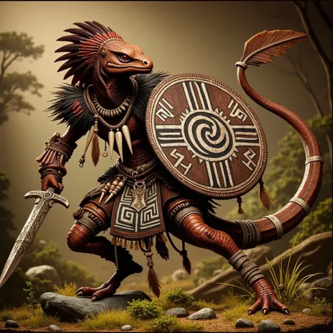 a lizard man, strong,  dressed in leather and tribal clothing.  Armed with a sword and a shield , in fighting pose. Very long tail .  Brown body and red head . 