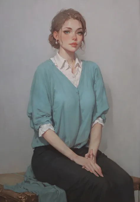 Painting of a half-figure of a seated woman, half-turned, with draperies in the foreground, brown hair