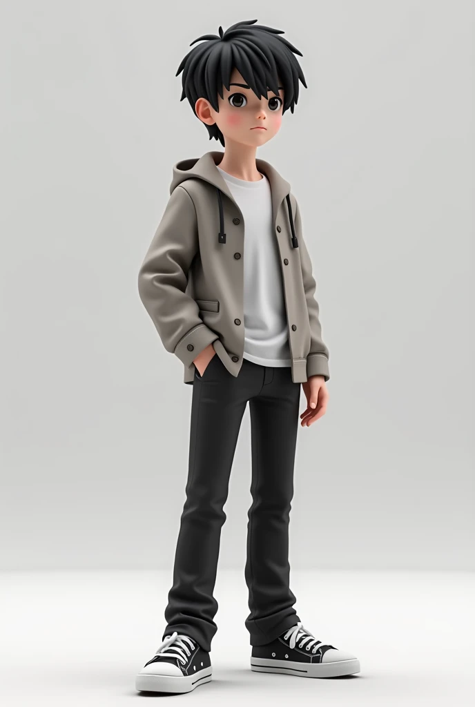 Picture this:Xeno an 18 year old boy slim jacket and its short,white t shirt, black pants,all star shoes which are black and white,black short hair in Minecraft 