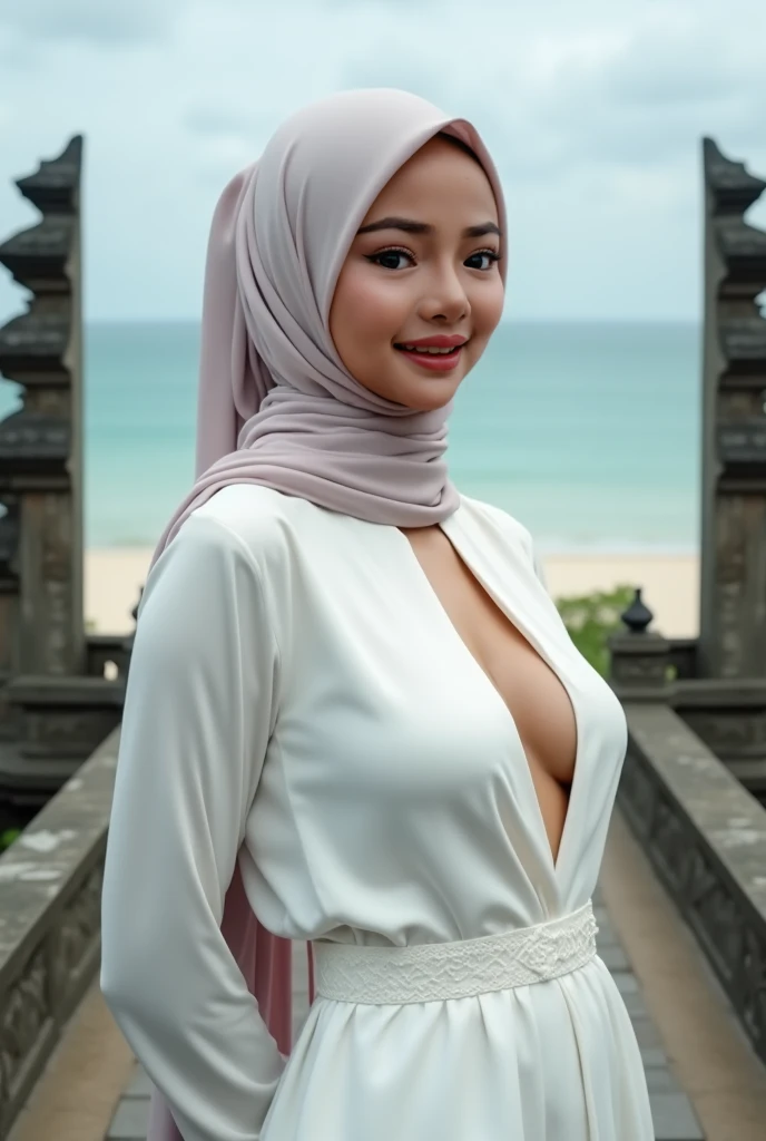 ( masterpiece , best quality:1.2), 1 hijab girl , ((wearing hijab)), large breast, cleavage cutout, alone,  unbuttoned kebaya _bali, white_kebaya_bali, mid shot, close up,  stands on bridge , smiling, bali temple background, beach,  BOTH HANDS LYING BEHIND...