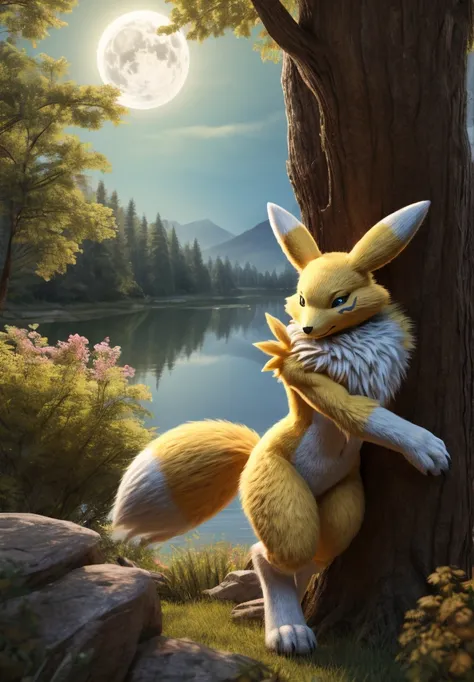 An overweight Renamon ,  a digimon humanoid fox ,   is left alone in the scene standing touching the tree trunk.  The main focus is on the detailed representation of this character . Renamon has soft fur , ,  which is shown in exquisite detail  ,  highligh...