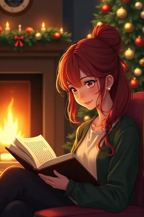 A  with long, wavy red hair tied up and big red eyes is on her couch reading a big book by the fireplace and the Christmas tree. 